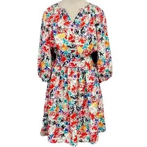 Eliza J Multicolor Colorful Balloon Sleeve Button Front Pocket Casual Dress